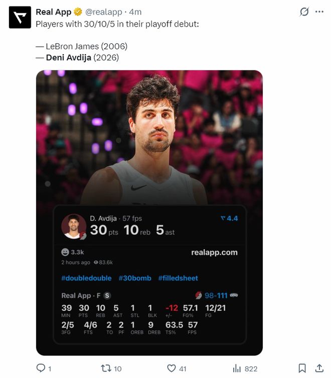 带伤鏖战30+10+5 阿夫迪亚创季后赛首秀纪录